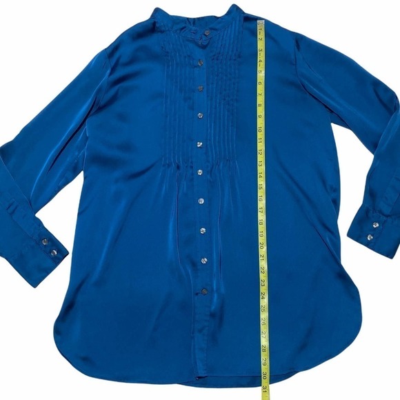 KENNETH Cole REACTION Solid Blue Pleated Yoke Long Sleeve Button Down Blouse - Picture 6 of 12